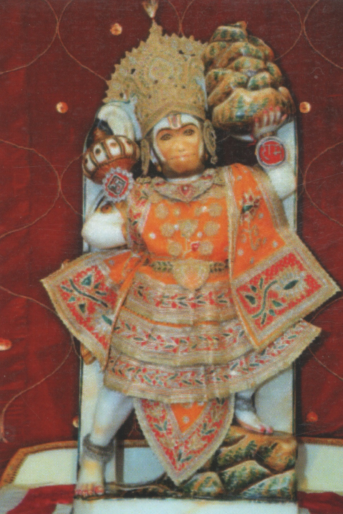 Pocket Sized Laminated Card C41 - Hanuman Ji in Orange Dress Photo and a photo on the Back of Card